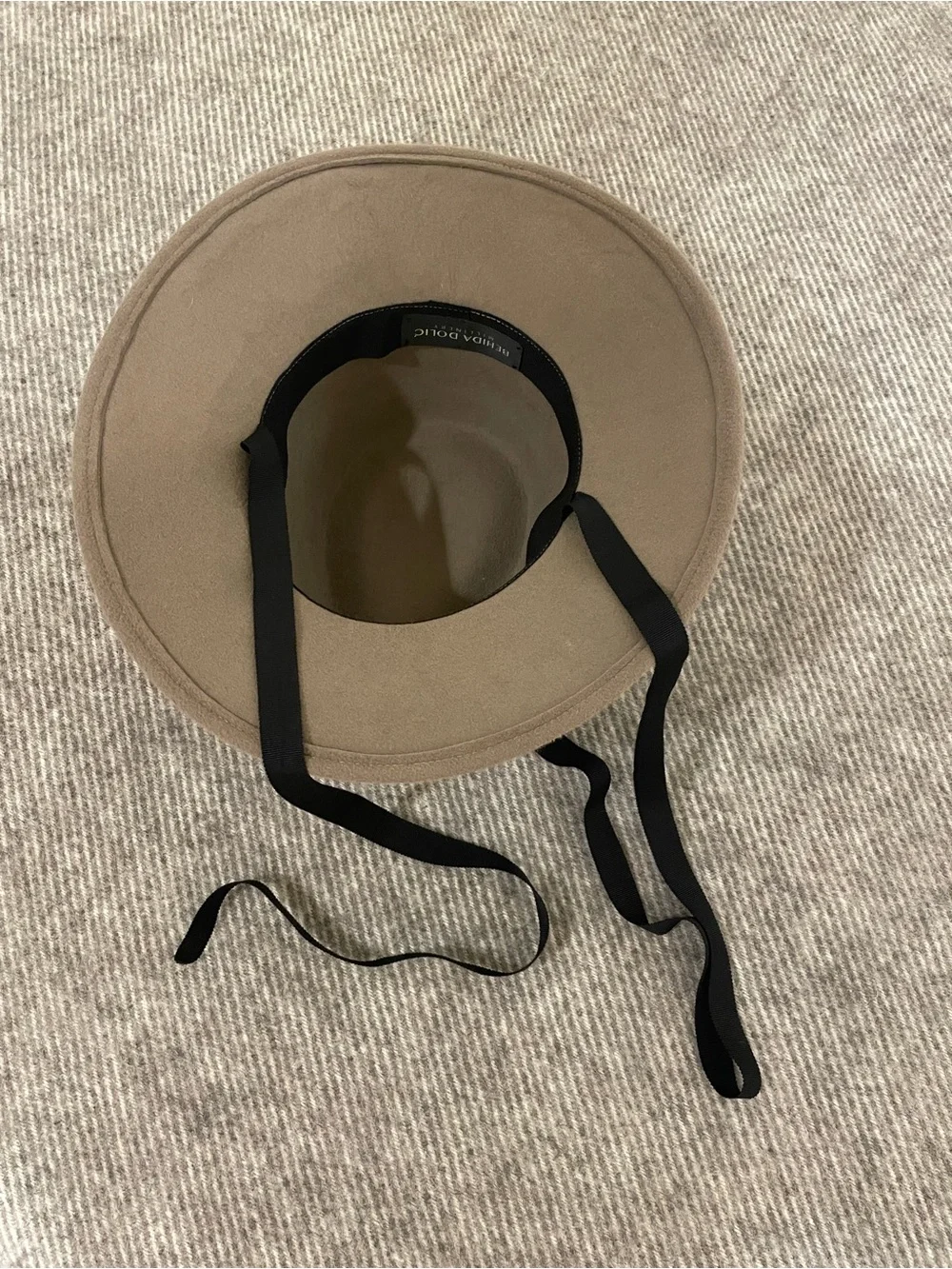 Behida Dolic Millinery Wide Brim Felt Hat in Taupe with Black Chin Strap